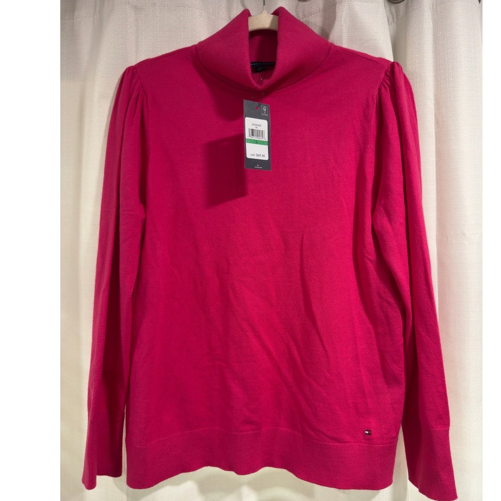 NWT Tommy Hilfiger Womens Pink Turtleneck Puff Sleeve Sweater Size Large